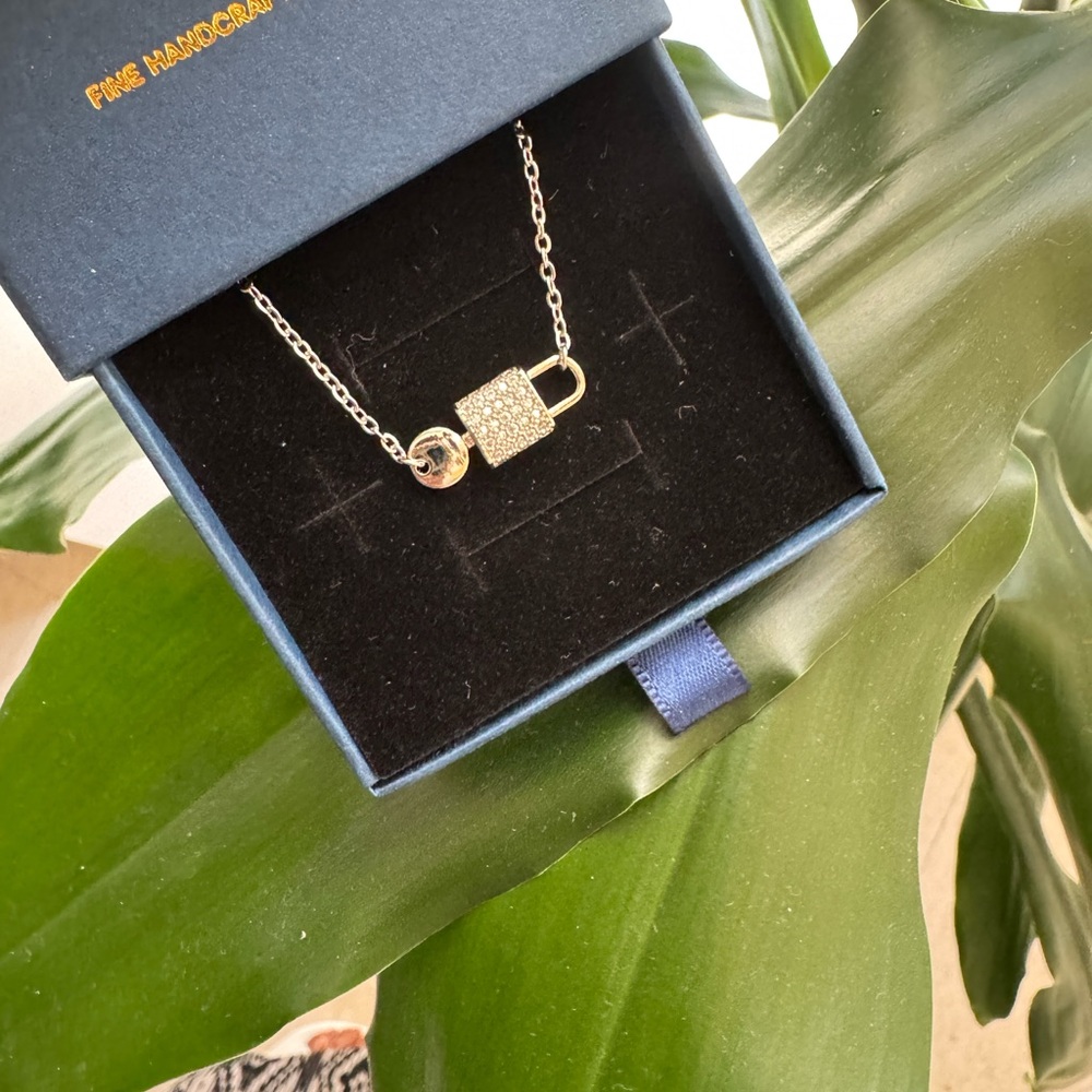Small Silver Rhodium Plated Sparkling Topaz Padlock Necklace